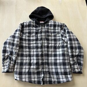 Wrangler Shirt Jacket Mens Large Gray Plaid Hooded Quilted Flannel Workwear